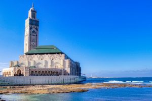 Hassan II mosque overlooking the Atlantic ocean in Casablanca, Morocco.