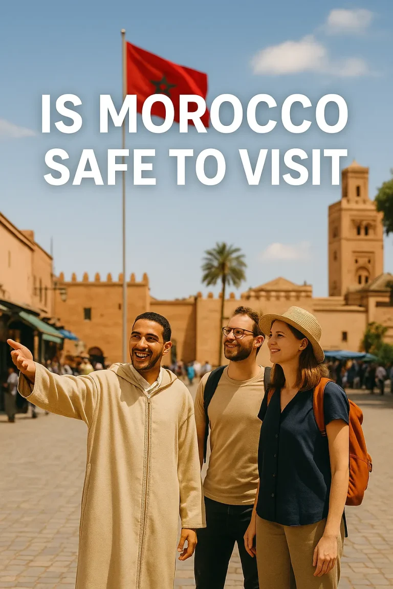A Moroccan tour guide showing historic landmarks to two tourists in a sunny city square, with the Moroccan flag and traditional architecture in the background. Text reads: ‘Is Morocco Safe to Visit