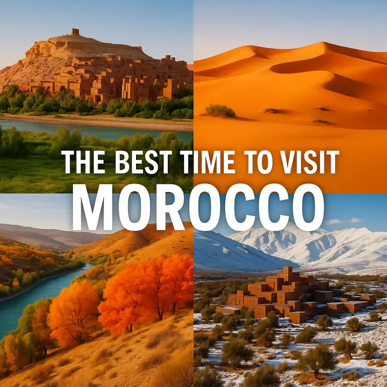 A seasonal collage of Morocco showing spring, summer, autumn, and winter with the title 'The Best Time to Visit Morocco' on top.
