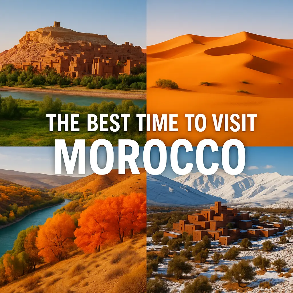A seasonal collage of Morocco showing spring, summer, autumn, and winter with the title 'The Best Time to Visit Morocco' on top.