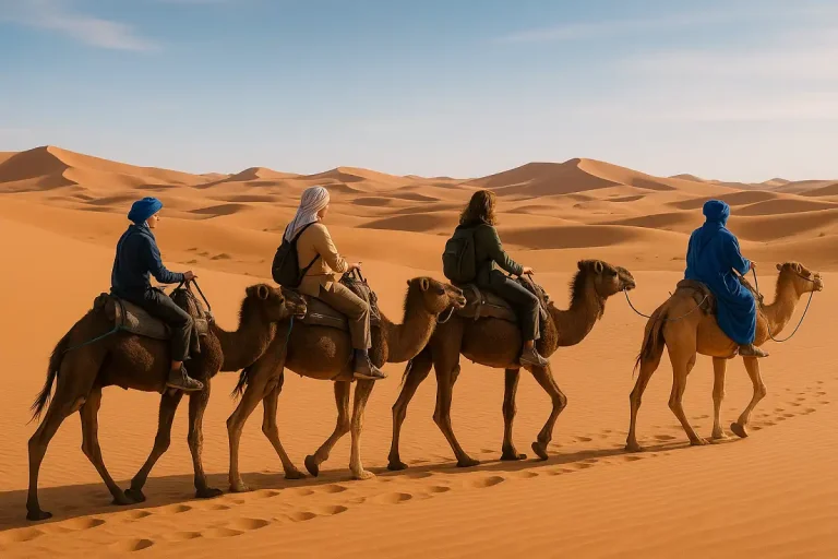 Group of English-speaking travelers riding camels on sand dunes during a private Morocco tour with Traveling Around Morocco