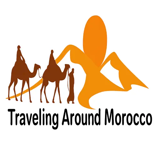 Logo of Traveling Around Morocco featuring camel caravan silhouettes walking in front of desert dunes and a sunrise, representing private tours in Morocco.