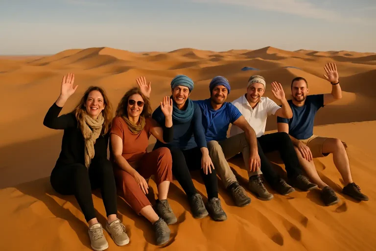Group of American tourists sitting on Sahara sand dunes during a desert tour from Marrakech