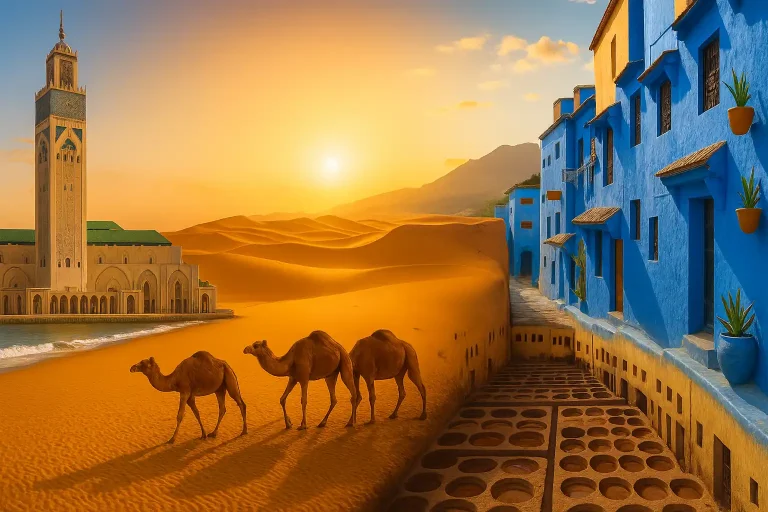 Panoramic collage of Morocco showing Hassan II Mosque in Casablanca, Sahara Desert with camels, Chefchaouen blue streets, and Fes tanneries — perfect for planning a 2-week Morocco itinerary.