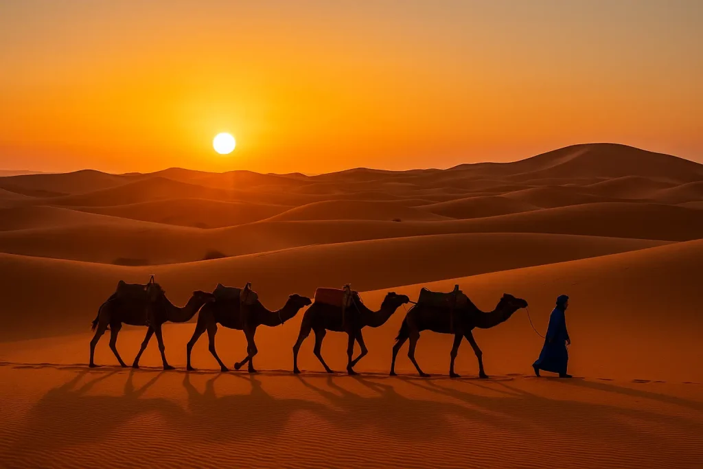 All Morocco Tours – Sahara Desert camel caravan at sunset, private Morocco tours for English-speaking travelers.