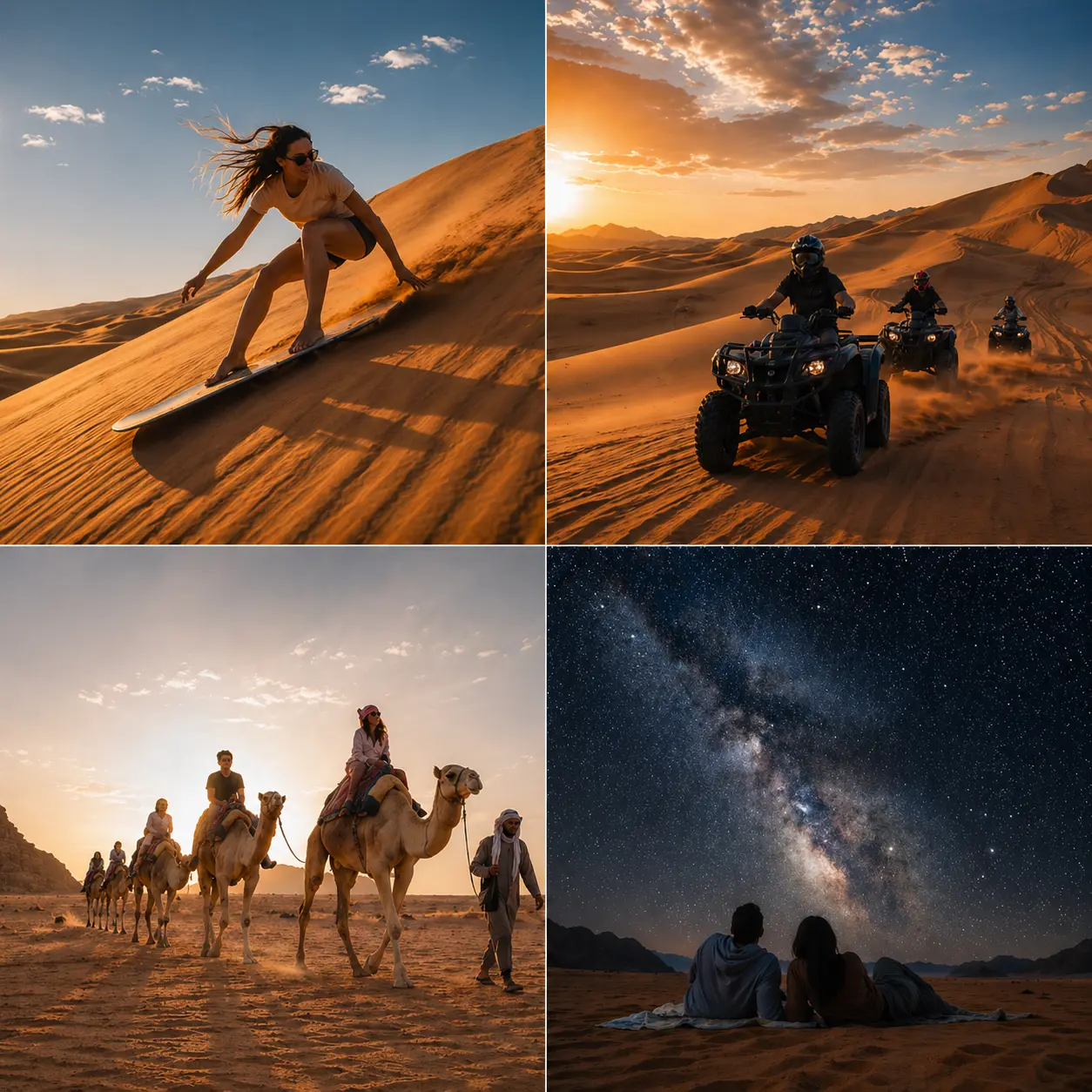Morocco desert activities including sandboarding, quad biking on dunes, camel trekking caravan, and couple watching the Milky Way in the Sahara Desert