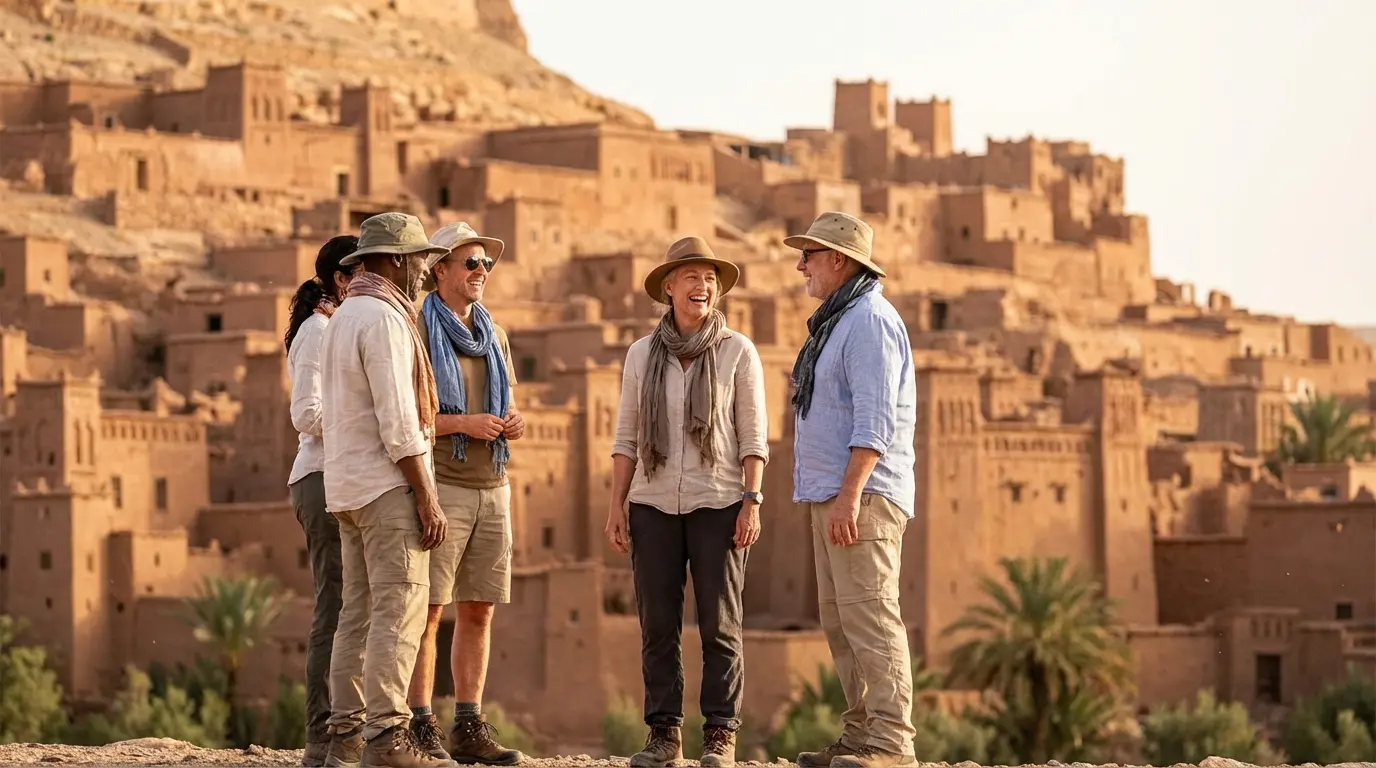 American tourists with a local guide at Ait Ben Haddou Kasbah during a Morocco desert tour.