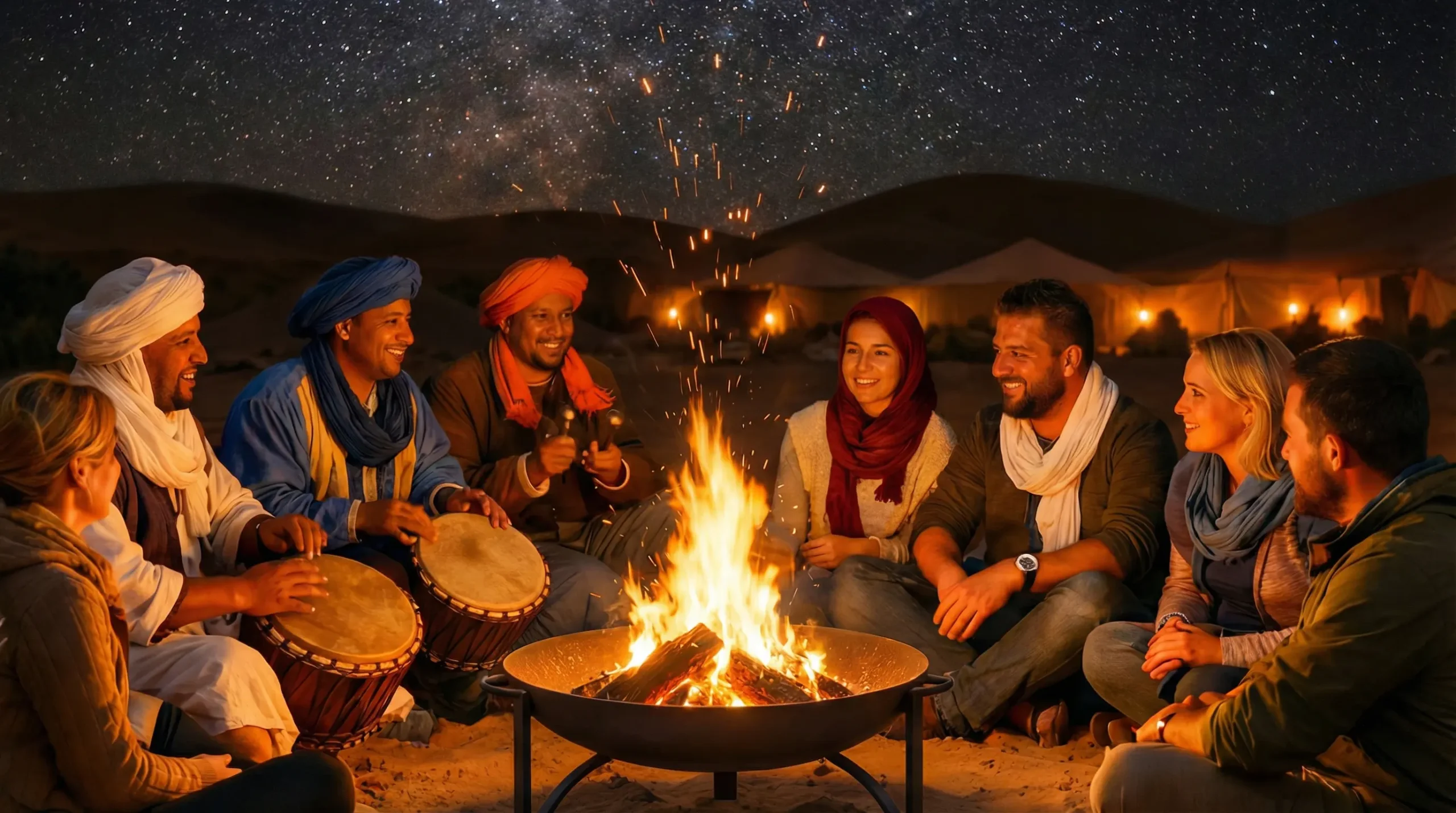 American travelers enjoying a Morocco desert tour experience around a campfire in a Merzouga Sahara desert camp at night