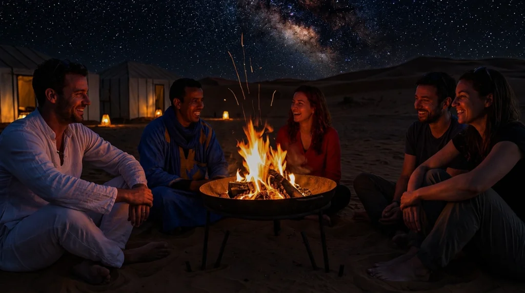 Tourists enjoying a campfire in a Sahara desert camp under the Milky Way in Morocco